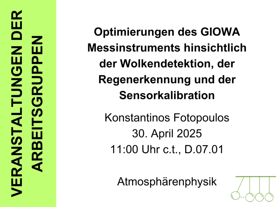 Dargestellt wird ein Bild, welches Informationen zum Seminarvortrag "Optimierungen des GIOWA Messinstruments hinsichtlich der Wolkendetektion, der Regenerkennung und der Sensorkalibration" von Konstantinos Fotopoulos am 30. April 2025 um 11 Uhr in Raum D.07.01 vermittelt. 